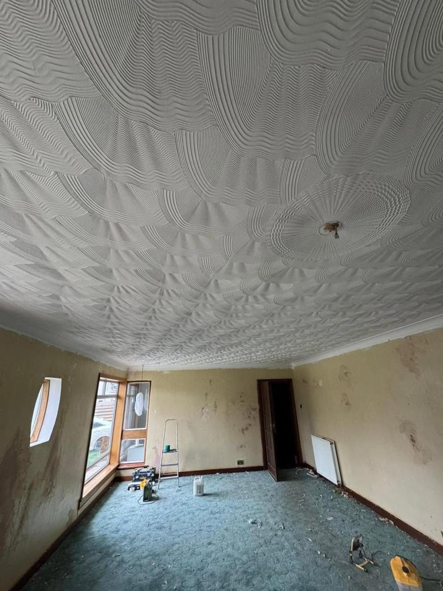 Artex ceiling and chimney breast skimmed flat, before we started