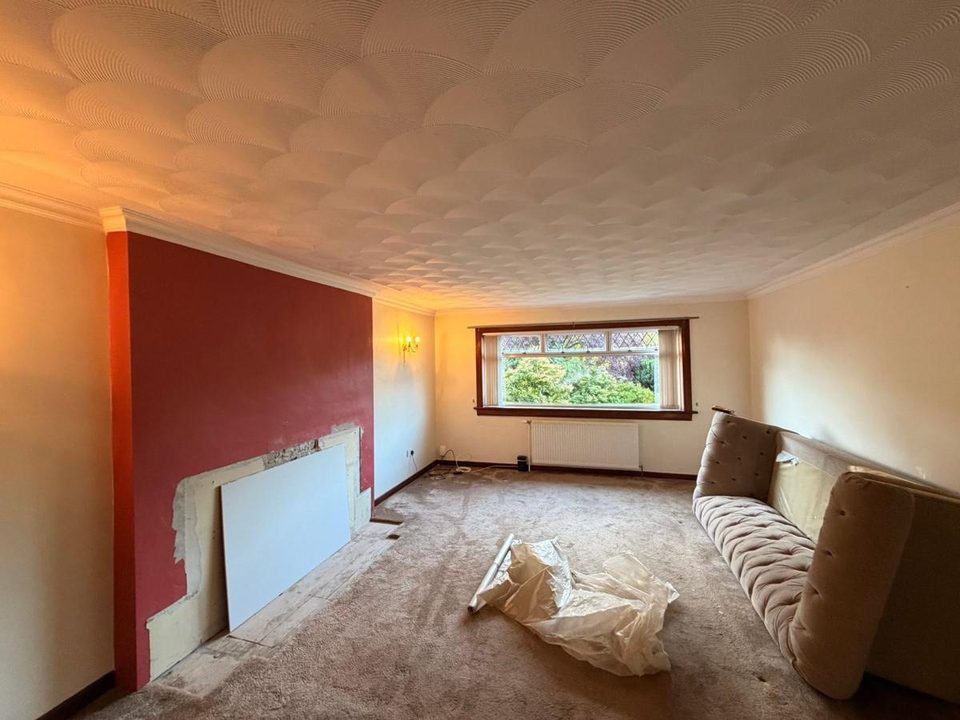 Artex ceiling and chimney breast skimmed flat, before we started