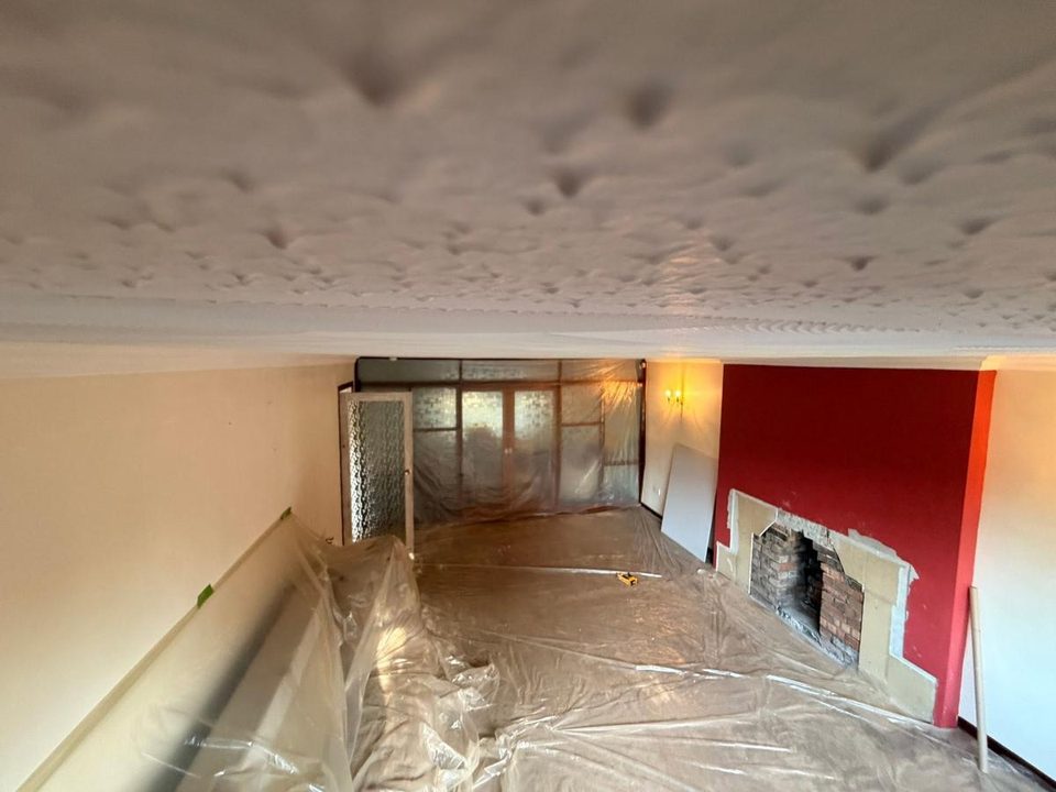 Artex ceiling and chimney breast skimmed flat, before we started