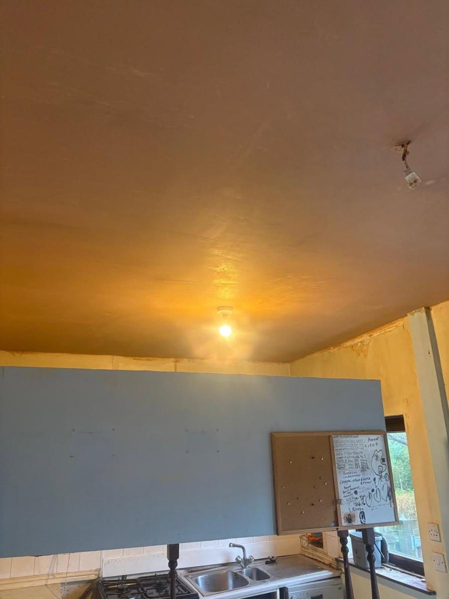 Kitchen ceiling re-boarded and skimmed