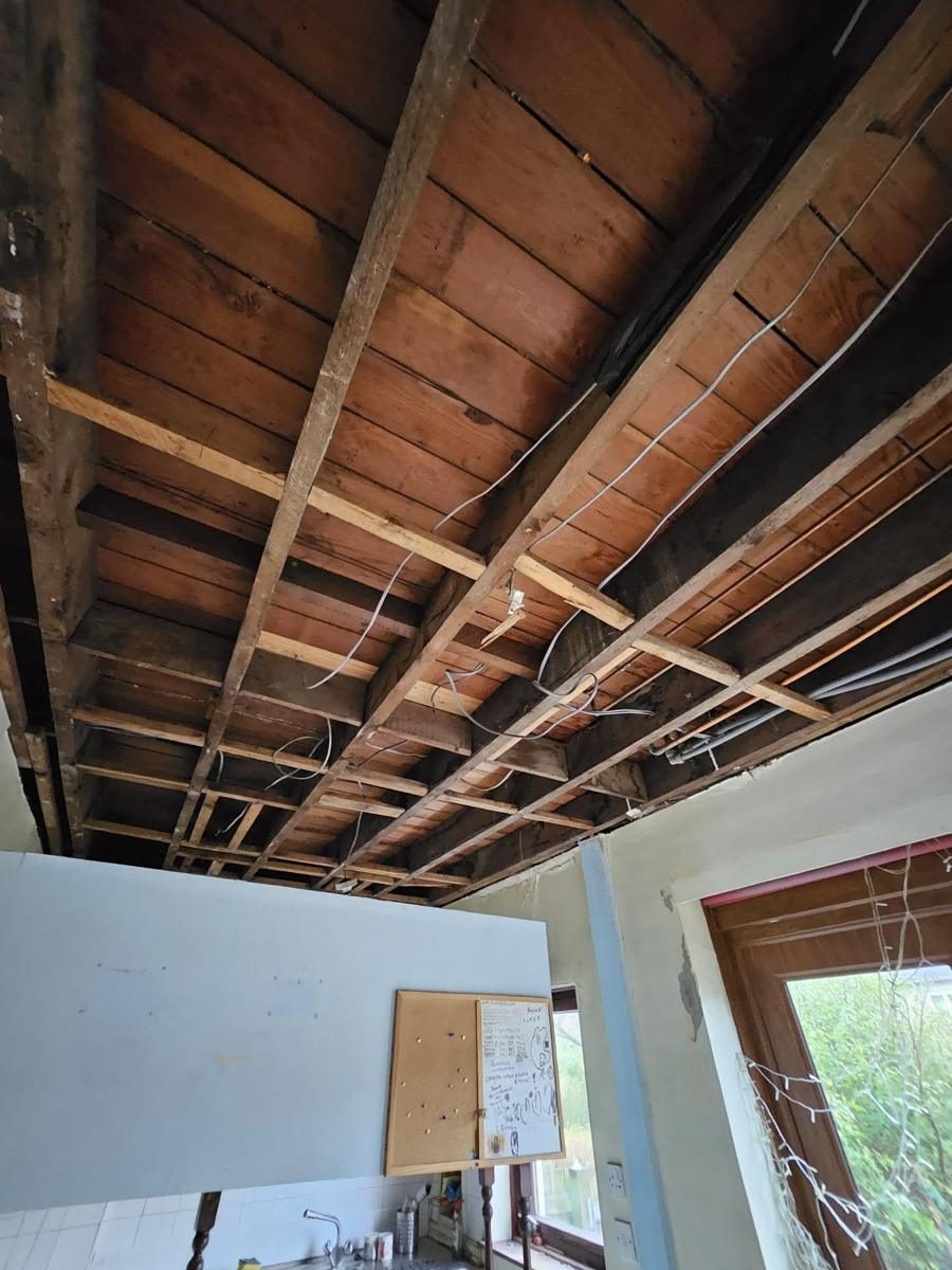 Kitchen ceiling re-boarded and skimmed, before we started