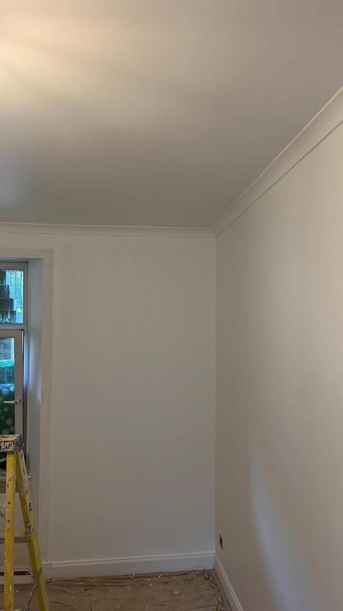Collapsed ceiling rebuilt, skimmed and coved