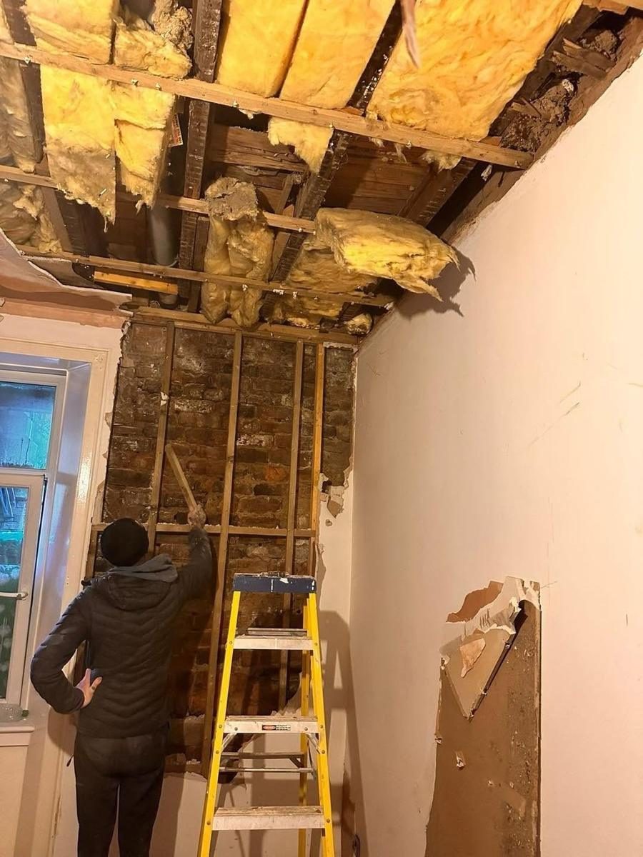 Collapsed ceiling rebuilt, skimmed and coved, before we started